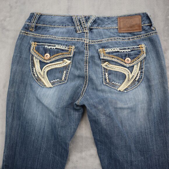 Ariya Jeans Pants Womens 6 Blue Bootcut Low Rise Button Stretch Dark Wash Denim - Picture 14 of 16